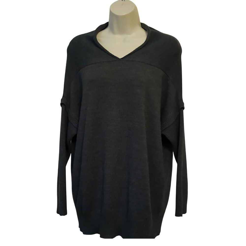 MAK Women Small Oversized V-Neck Knit Sweater Charcoal Gray Long Sleeve Pullover